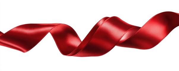 Red satin ribbon in a flowing, swirling design against a white background
