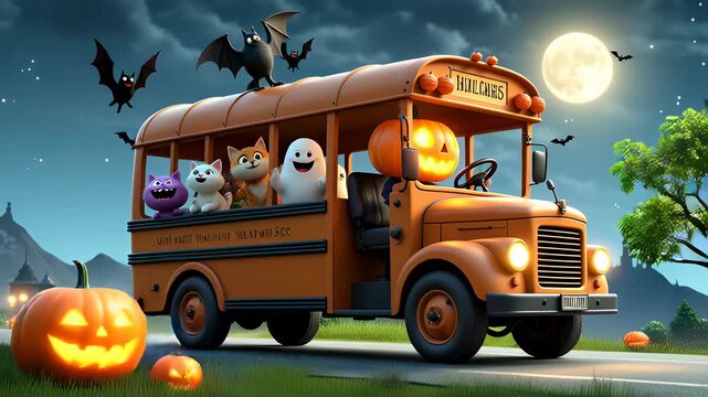 Halloween bus with pumpkin driver and ghost passenger, pumpkin jack olantern cat friends, bats and full moon night sky spooky