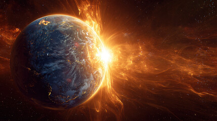 Fiery solar eruption illuminating Earth with vibrant orange and blue hues in a cosmic scene, showcasing a dynamic celestial interaction in deep space.