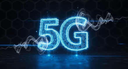 Futuristic 5G Technology Concept with Glowing Circuitry and Smoke Effects