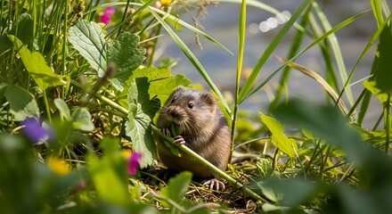 Obraz premium European water vole amidst foliage enjoying lush greenery alongside waters