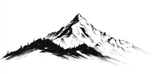 Monochrome mountain range, stylized in ink wash technique. Snowy peak, dark forest on slopes