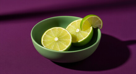 Lime in green bowl on purple background