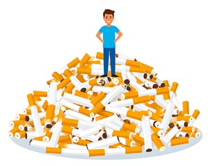 A person stands atop a large pile of discarded cigarettes