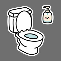 A cute and friendly kawaii-style sticker set featuring a toilet and a soap dispenser, a charming and playful duo for bathroom decor and hygiene reminders.
