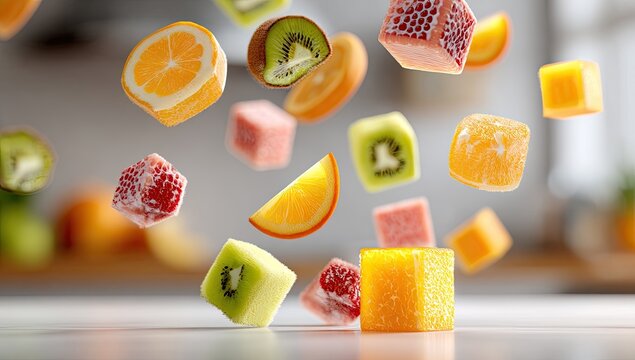 Vibrant fruit slices and cubes, suspended in mid-air, against a soft kitchen backdrop.  Colorful citrus, kiwi, and strawberry pieces, in various shapes, appear to float above a light surface.  - Powered by Adobe