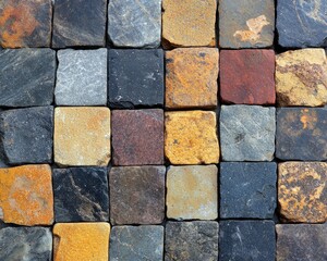 Stone cubes in earth tones create an interesting, textured background. Use this for wallpapers, backdrops, or architectural presentations.