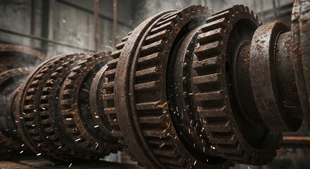 Intricate rusty gears in motion, sparks flying in industrial workshop setting