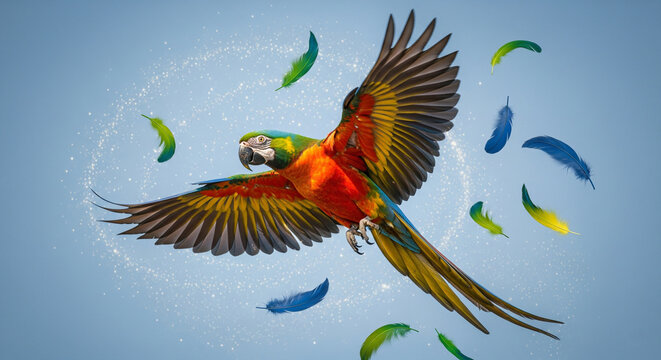 Colorful Ara parrot flying in a blue sky with magical sparkles and falling feathers