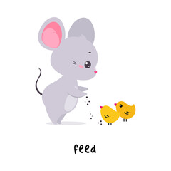 Little Mouse Feed Chicks Demonstrating English Verbs for Educational Activity Vector Illustration