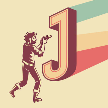 Creative retro vector of a man taking a photo of a large 3D letter J with colorful shadows. Unique vintage typography design for posters, branding, and graphic projects.