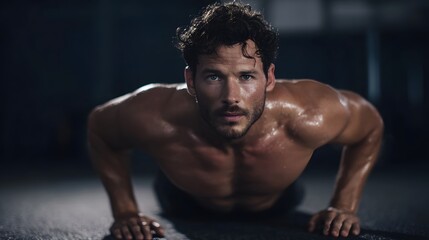 Fototapeta premium A sweaty muscular man performs an intense push up exercise in a dimly lit gym showcasing strength and determination