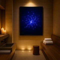Luxuriöser Spa- oder Wellnessbereich mit warmem Licht, Naturmaterialien und dem Poster als moderner Kontrast an der Wand