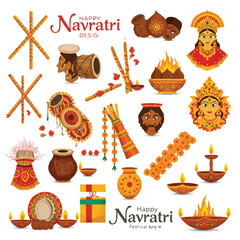 Navratri festival icons flat 2D vector illustration showcasing a vibrant collection of traditional symbols on a clean white background.