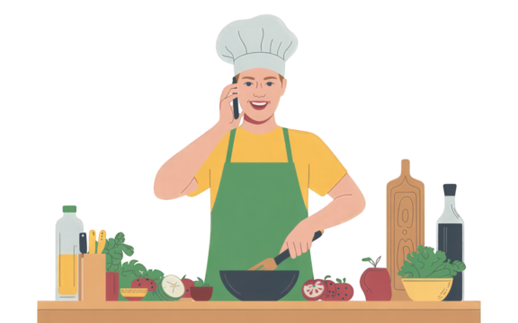 Chef talking on the phone while cooking food on transparent background