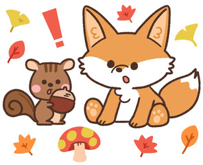 紅葉のなかで座る秋のキツネとリスの動物アイコンイラスト