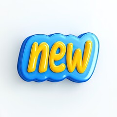 Cartoonish, 3D rendered, "NEW" in a light-blue, bubble-lettered, rounded-edged, yellow font on a white background