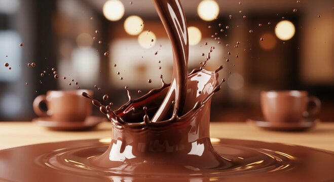 A mesmerizing close-up of rich chocolate splashing into a pool, with droplets flying, set against a warm wooden background, ideal for food and beverage advertising
