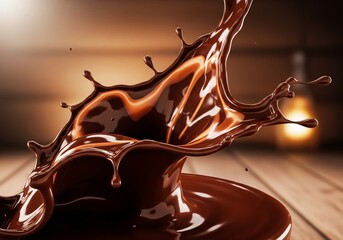 A mesmerizing close-up of rich chocolate splashing into a pool, with droplets flying, set against a warm wooden background, ideal for food and beverage advertising