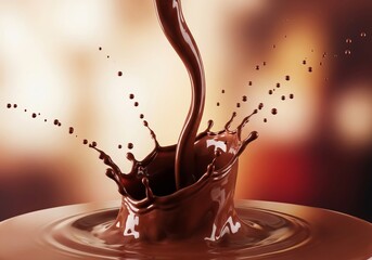 A mesmerizing close-up of rich chocolate splashing into a pool, with droplets flying, set against a warm wooden background, ideal for food and beverage advertising