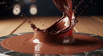 A mesmerizing close-up of rich chocolate splashing into a pool, with droplets flying, set against a warm wooden background, ideal for food and beverage advertising