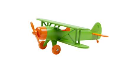 Colorful green and orange plastic biplane toy airplane for children and childhood concepts isolated PNG with Transparent Background