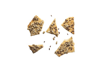 Stacked flax and sunflower seed cookies isolated on a white background are perfect for snack branding, packaging visuals,
