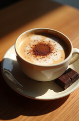 Close-up of a Cappuccino with Cocoa Powder and Chocolate on Wooden Table