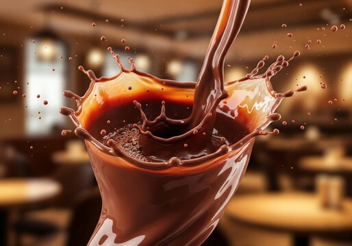A mesmerizing close-up of rich chocolate splashing into a pool, with droplets flying, set against a warm wooden background, ideal for food and beverage advertising