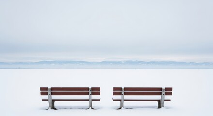 Obraz premium Two empty park benches in a vast winter landscape