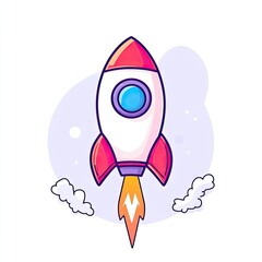 Cartoon rocket launching, simple design, bright colors