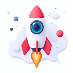 Cute rocket launching, 3D style, abstract clouds