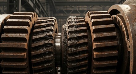 Heavy industry rusted gears with oil dripping, showing powerful machinery in action