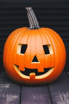 A solitary unlit jack-o-lantern rests on a sunlit doorstep, poised in quiet anticipation for the approaching spooky Halloween festivities.