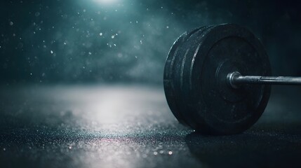 Close up of a heavy barbell weight plate on a dark wet gym floor illuminated by dramatic lighting