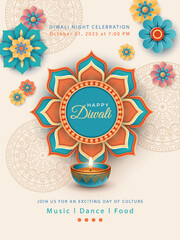 Happy Diwali Poster Template. Paper style Happy Diwali banner. Abstract image of mandala and an oil lamp on a decorative background