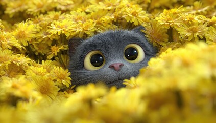 Adorable Gray Cartoon Kitten with Big Eyes Peeking Through Yellow Flowers.