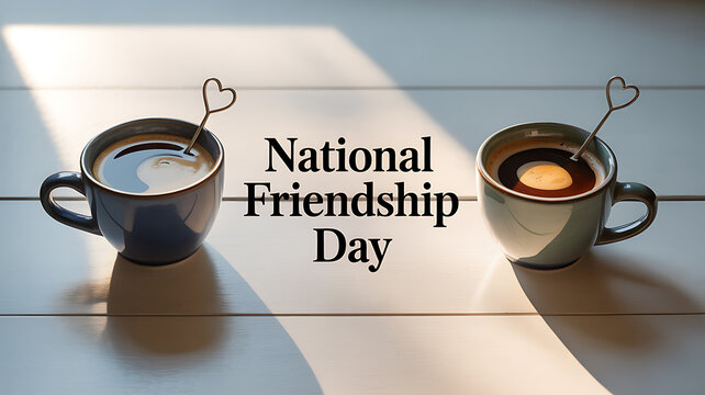 Two coffee cups with heart-shaped spoons on a wooden table, celebrating National Friendship Day