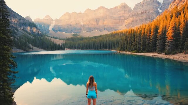 Woman standing by mountain lake, enjoying nature and freedom