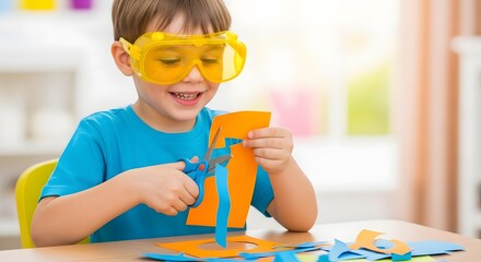 A young boy wearing safety goggles is cutting orange paper with scissors.