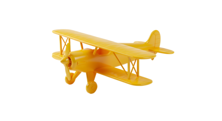 Yellow plastic classic biplane model airplane representing aviation, travel, and nostalgia concepts. isolated PNG with Transparent Background