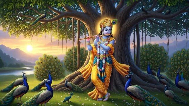 A serene scene of a divine figure playing a flute, surrounded by lush nature and peacocks.