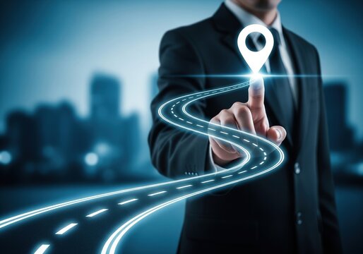 Businessman touches glowing roadmap with location pin in futuristic city