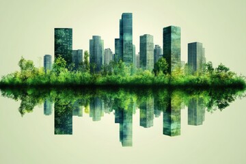 Obraz premium Cityscape with green trees mirrored, surreal and vibrant color. Perfect for eco-friendly city planning, modern architecture, design.
