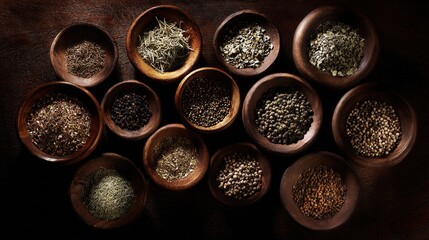 taste. Artisanal collection of dried herbs and spices in wooden bowls, emphasizing natural culinary ingredients. menu design.