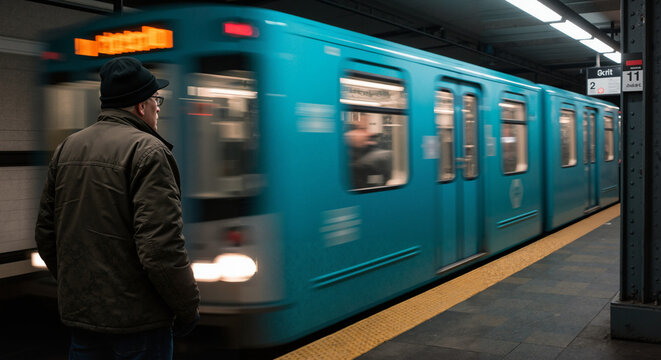 Man standing at subway station while train approaches in evening  