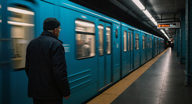 Elderly man waiting for subway train at underground station platform