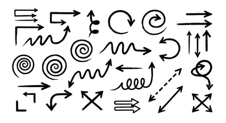 Black arrow doodle set with sketch spirals curves and directional freehand designs