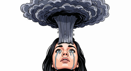 Isolated on white background, a womans head is depicted with a dark cloud above, symbolizing mental distress and emotional turmoil in a digital art piece