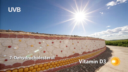 Conceptual image showing split view, above skin with sun rays touching it, and below the skin layers where vitamin D synthesis